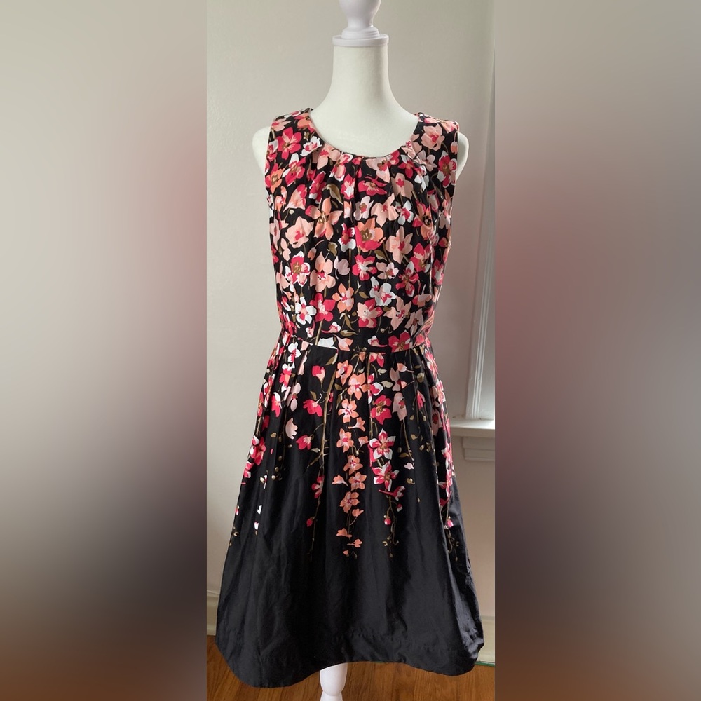 10P Talbots Floral Sleeveless Fit and Flare Black and Pink Midi Tea-Length Dress